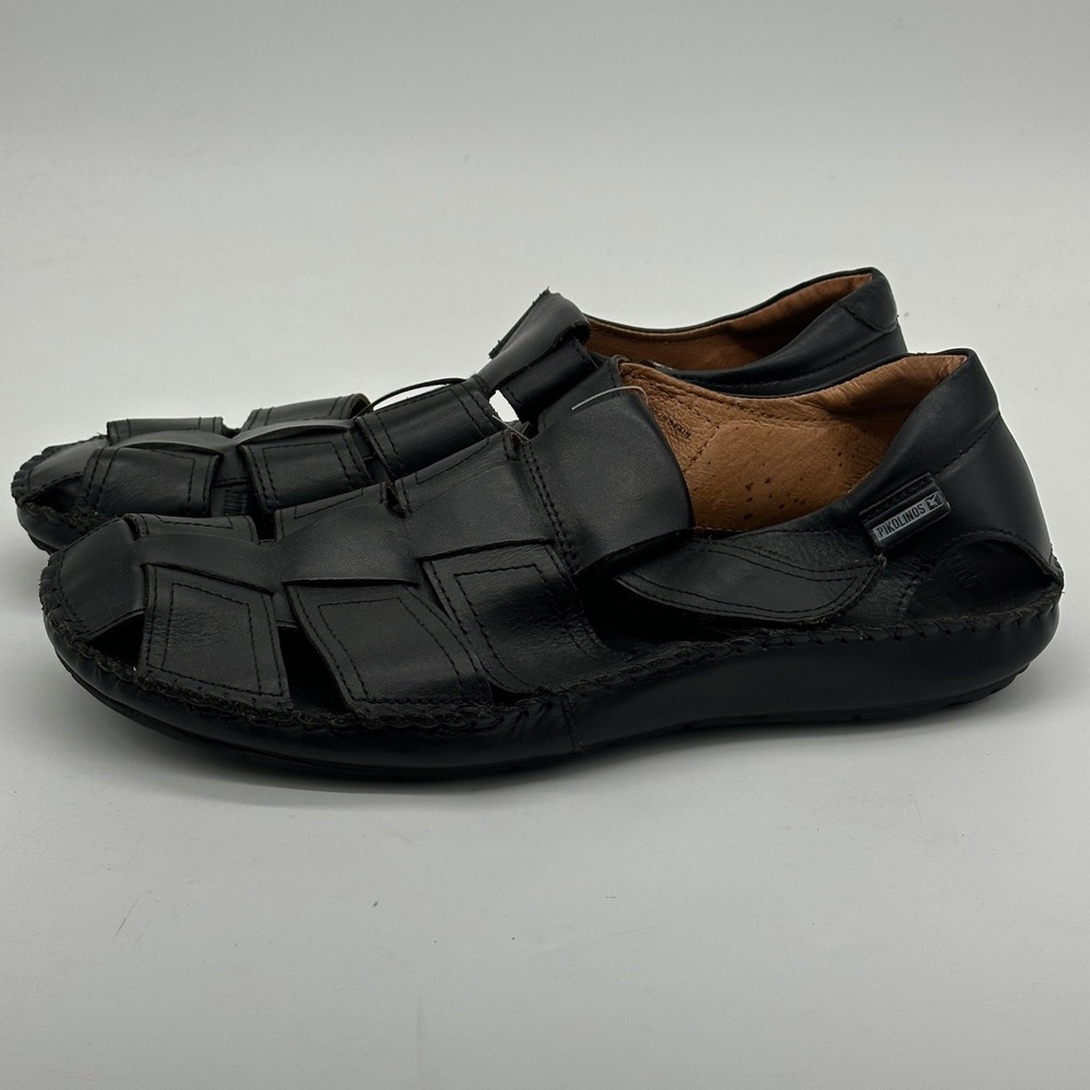 Pikolinos Mens Fisherman Sandals 45 Black Leather Hook Loop Strap Hiking Outdoor